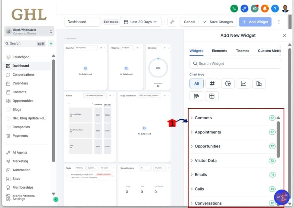 GHL customize dashboard widget - Choose a set of widgets to add to your dashboard