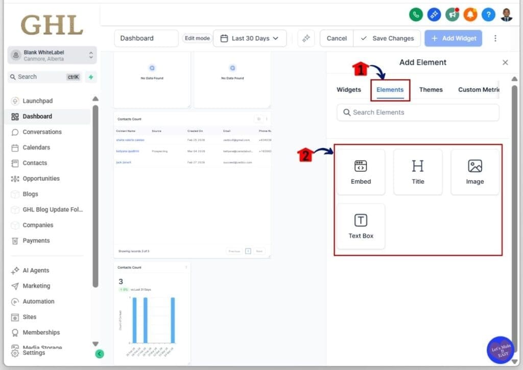 GoHighLevel customize dashboard widget - Add an element to your GHL Dashboard