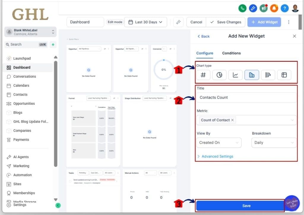 customize dashboard widget - Configure the settings of the widget before saving