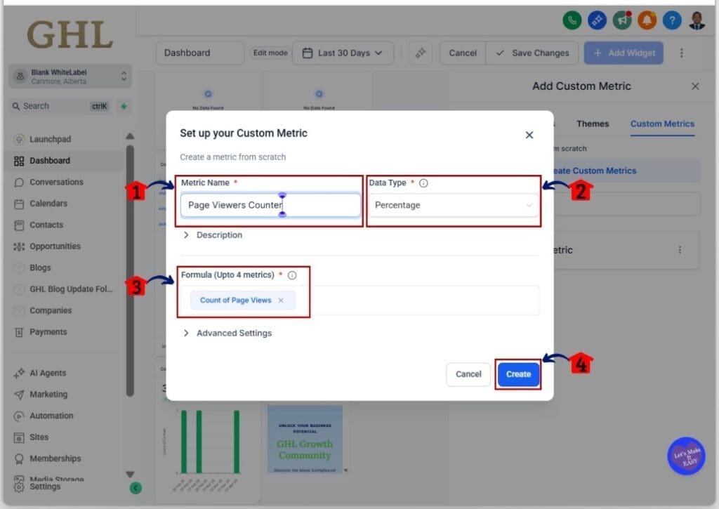GHL customize dashboard widget - Set up your Custom Metric
