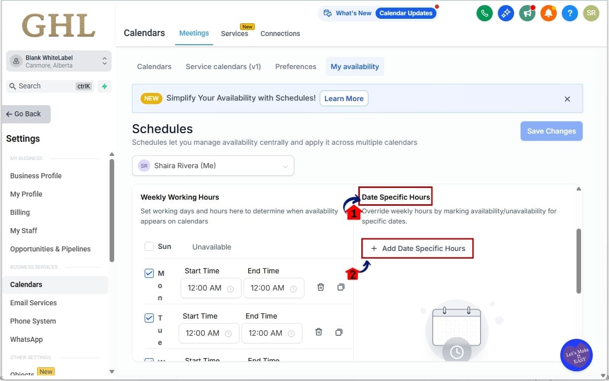 GHL Date Specific Hours
- Add Date Specific Hours to availability