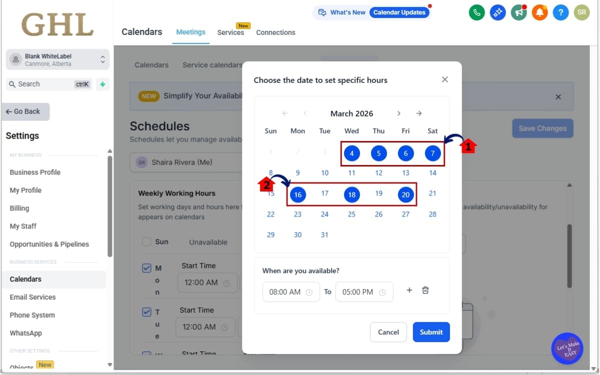 GoHighLevel Date Specific Hours
- Select Multiple Dates in the calendar