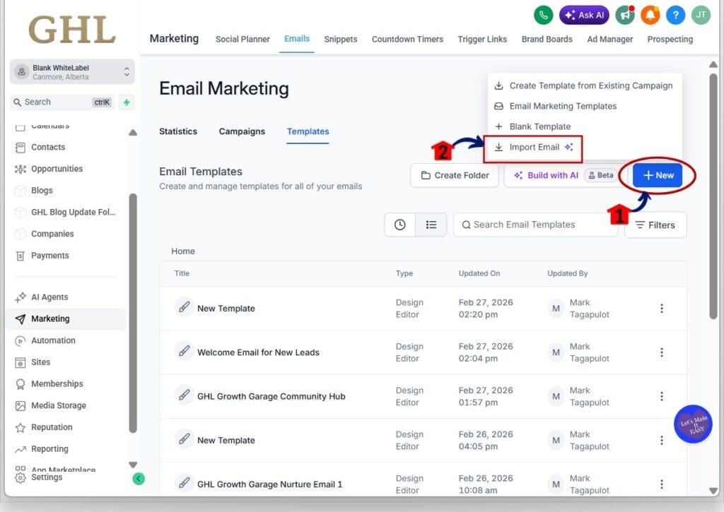 email template import - start