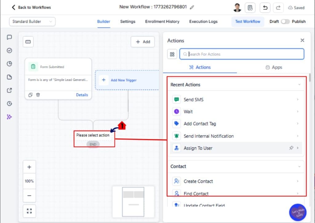 GHL automation workflow send SMS action setup