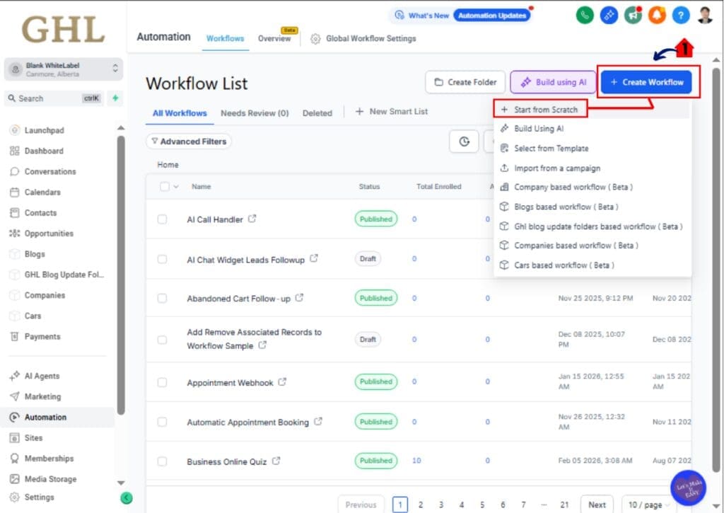 AI Workflow Tooltips GHL access Workflows page in GoHighLevel Automation menu