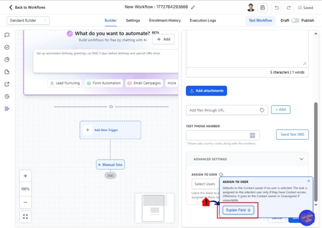AI Workflow Tooltips GHL hover info icon to view workflow field explanation