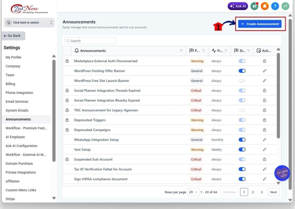 ghl banner notifications - create