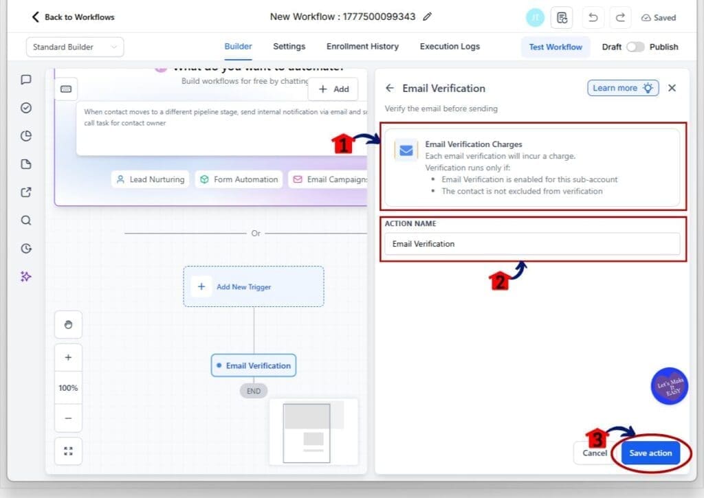 email verification workflow - save