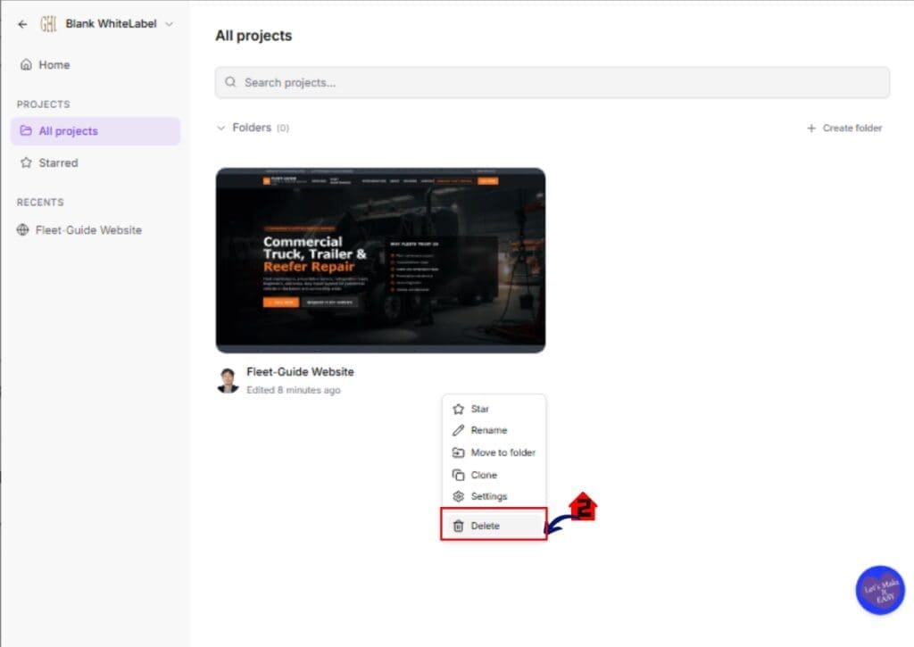 Delete project to trigger Inactive Project Pages in GHL