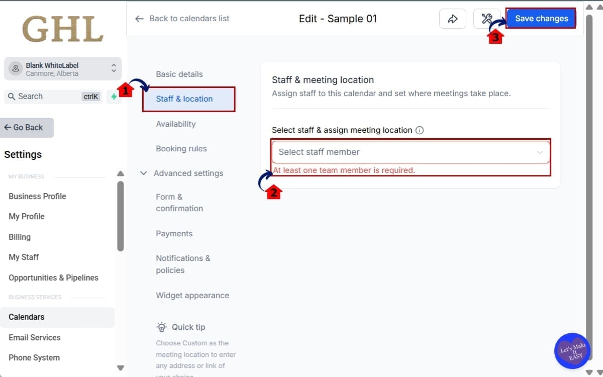 GHL Calendar validation errors
 - Navigate Through Calendar Tabs