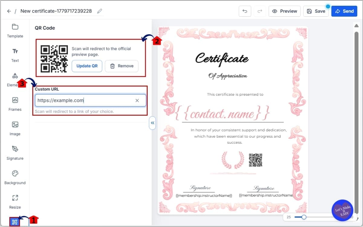 Certificate QR Codes
 - Add the Certificate QR Code Element