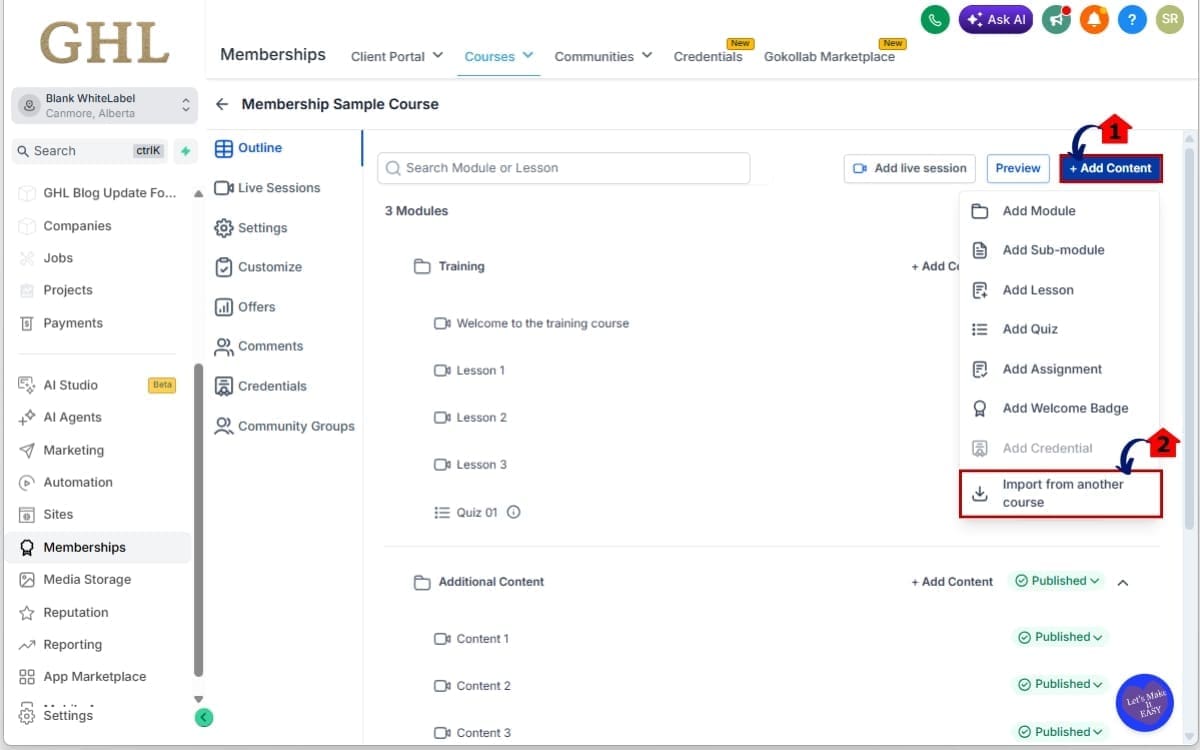 Course Content Import
- Open the Add Content Menu in the Course