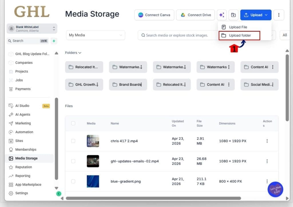 ghl media folder upload - select