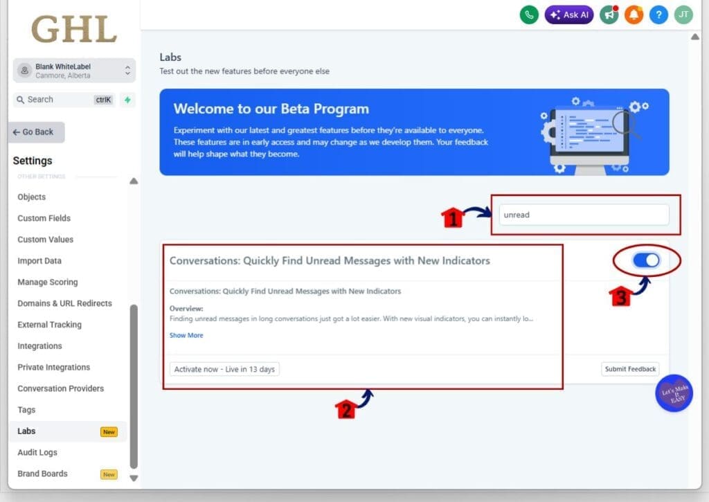 gohighlevel unread message indicator - find