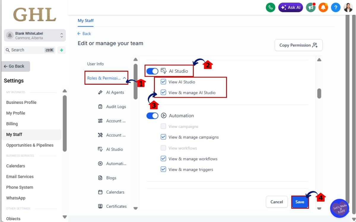 AI Studio Permissions
 - Assign AI Studio Permissions
