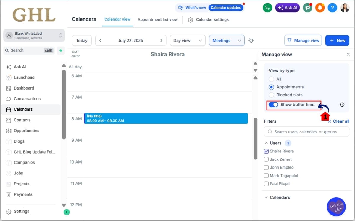 GHL Calendar Buffer Time
 - Turn On Show Buffer Time