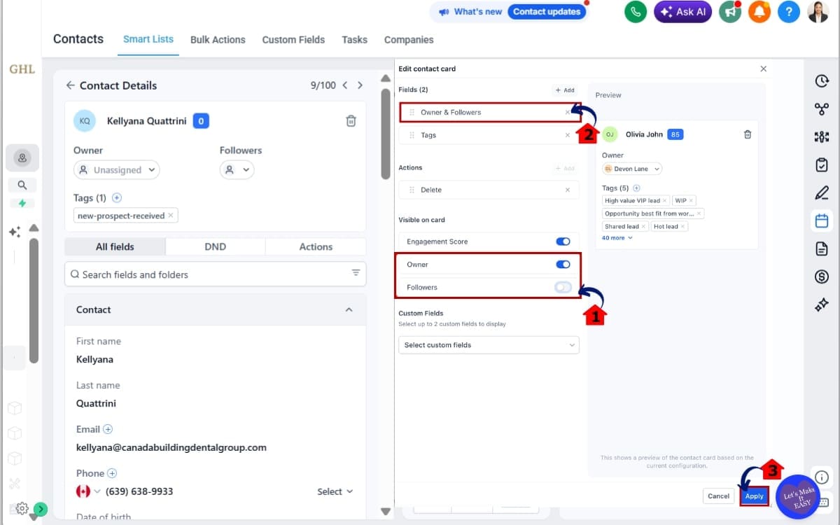 GHL Contact Page Customization
- Configure Owners and Followers