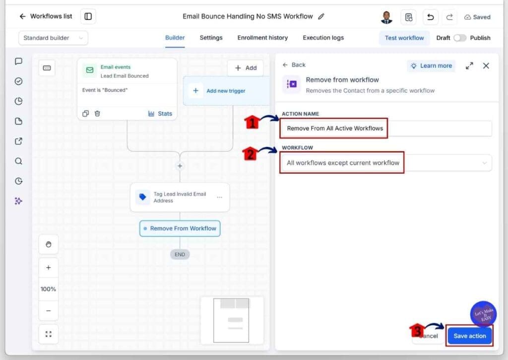 GoHighLevel Invalid Email Leads - Choose the All Workflows Except Current Workflow Option Before Saving the Action Element
