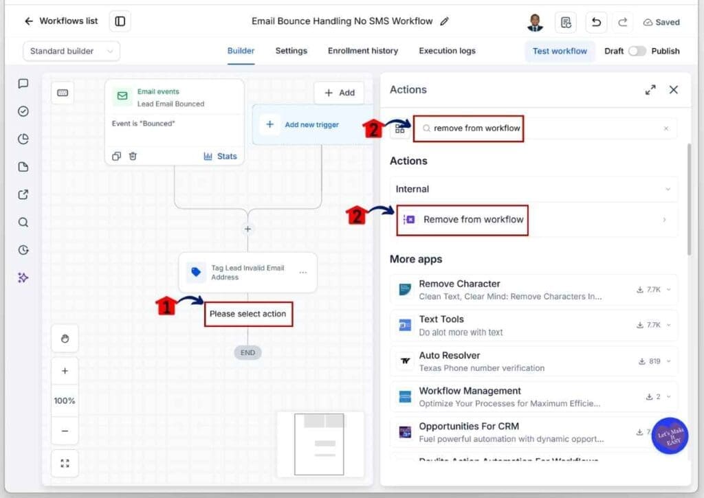 GHL Invalid Email Leads - Search for and Add the Remove from Workflow Element