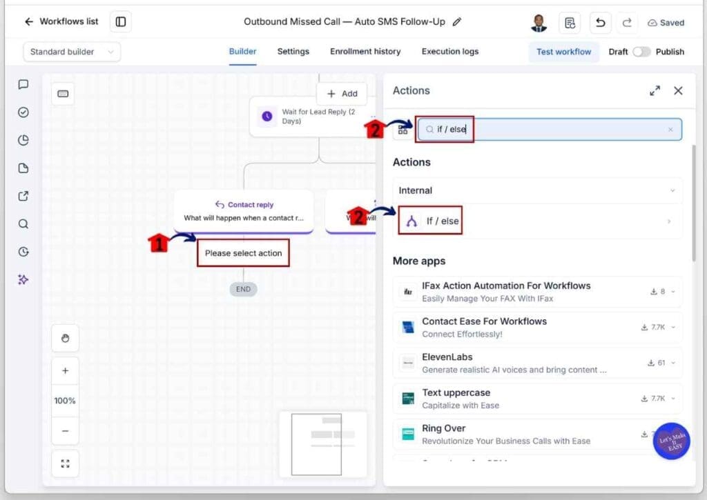 SMS Callback Workflow - Add an If / Else Action