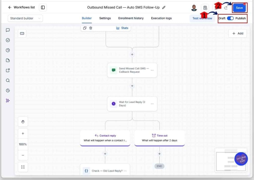GHL SMS Callback Workflow - Publish and Save the Workflow