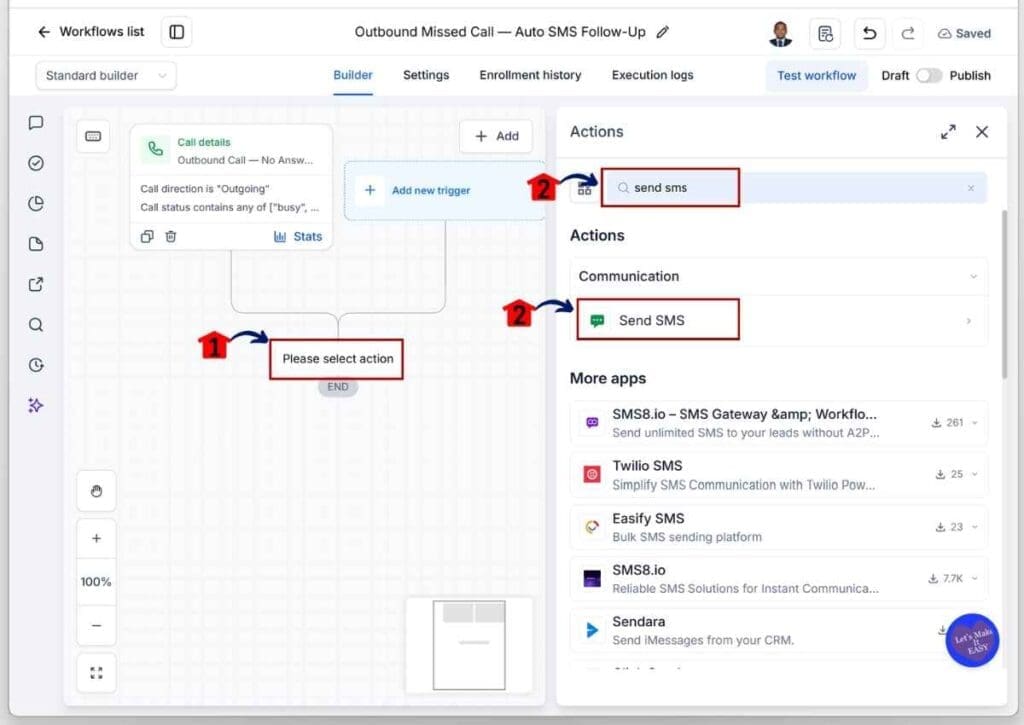 GoHighLevel SMS Callback Workflow - Add the First Send SMS Action