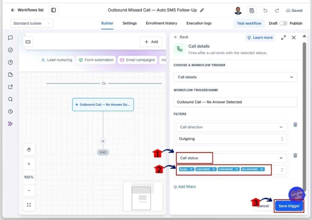 GHL SMS Callback Workflow - Set the Missed Call Status Filters