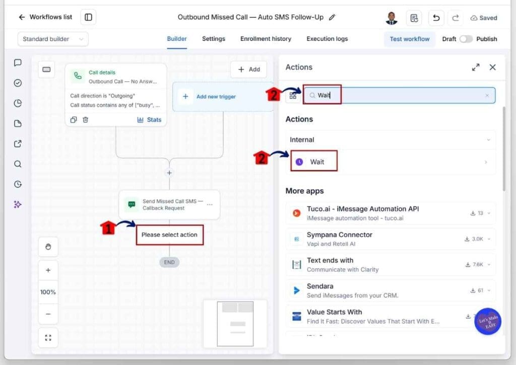GHL SMS Callback Workflow - Add a Wait Action