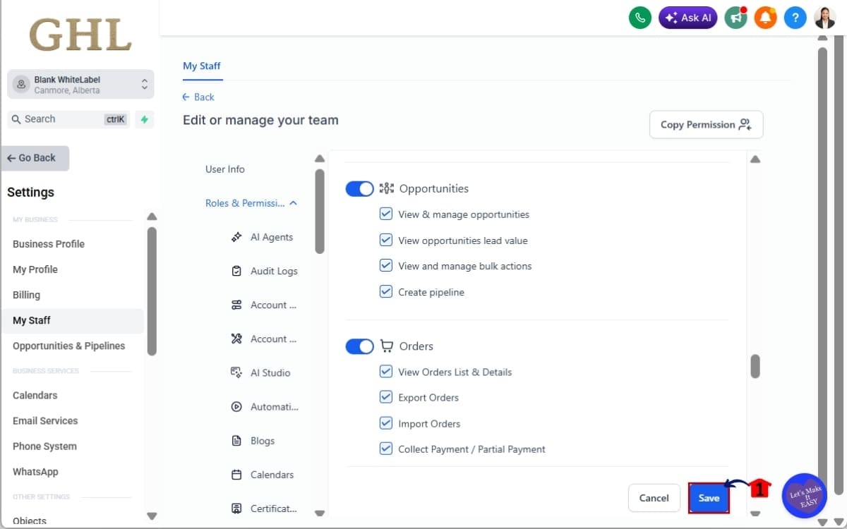 GHL Pipeline Creation Permissions
- Save Your Changes Settings
