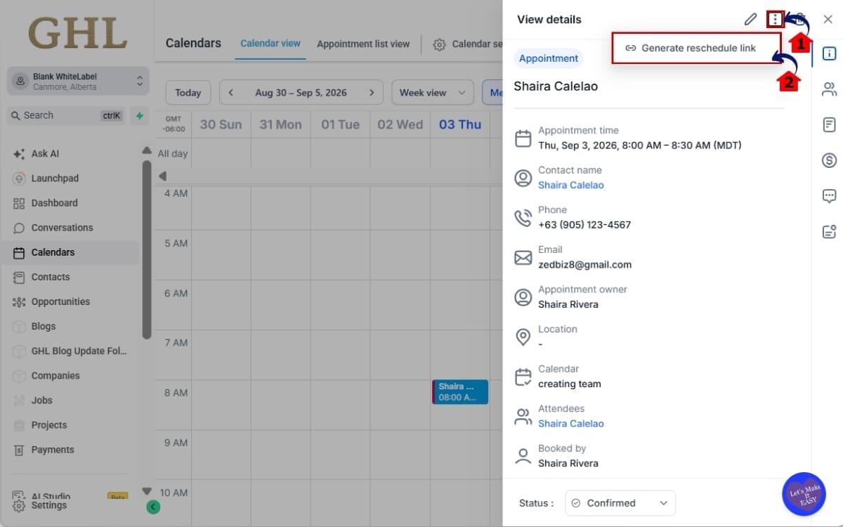 Appointment Reschedule Link
 - Open Appointment Actions in Details