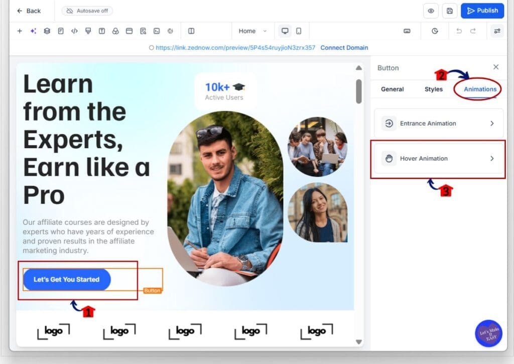 gohighlevel button hover effects - settings
