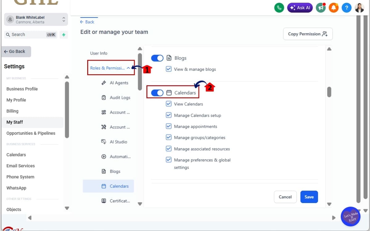 Calendar User Permissions
 - Open Calendar Permissions in Agency View