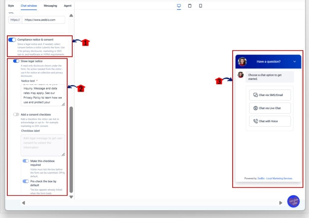 ghl chat widget consent - configure