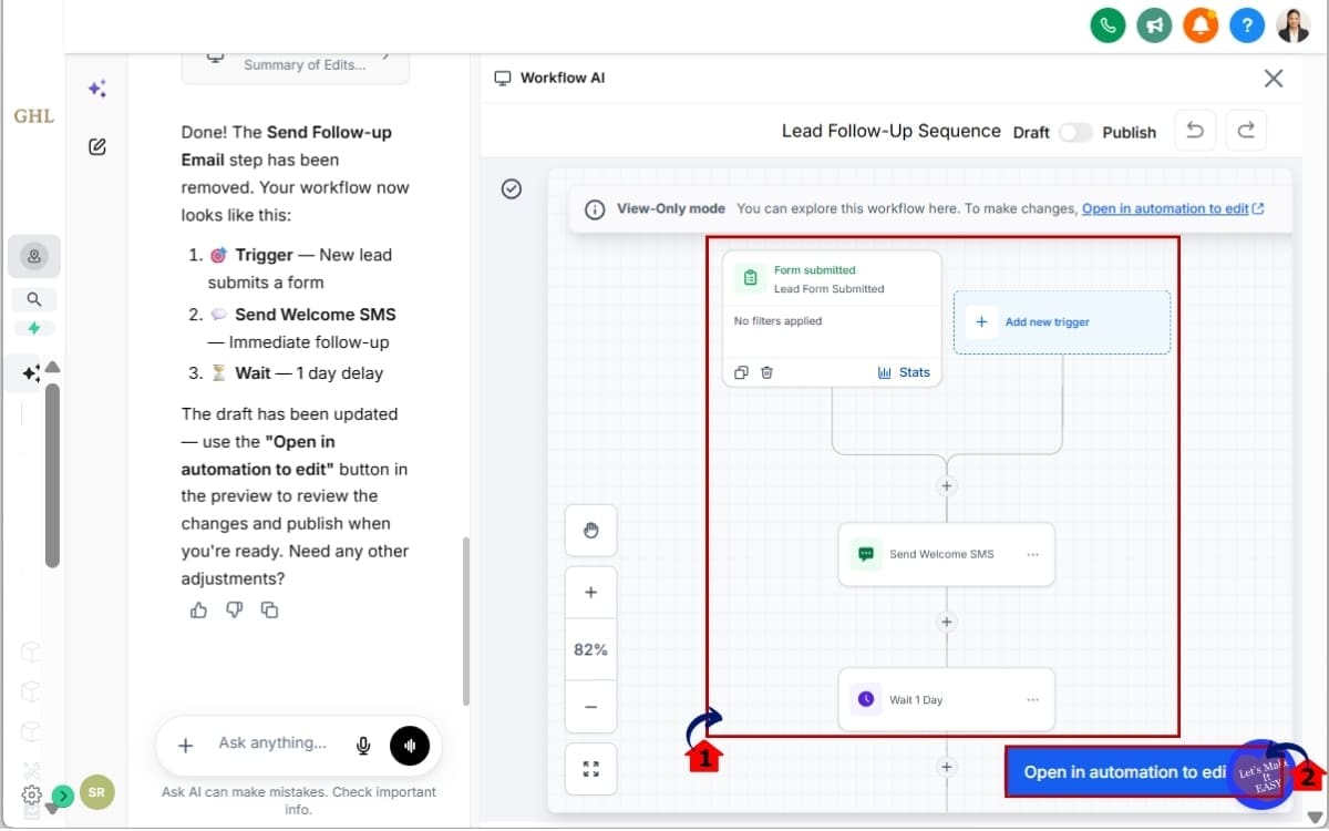 GoHighLevel AI Workflow Builder
- Open the GHL Workflow Builder