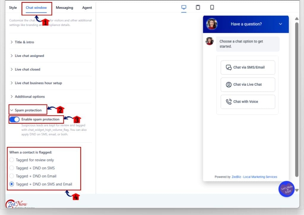 ghl chat widget spam - turn on