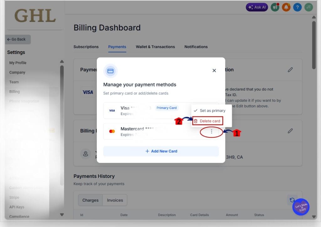 ghl delete payment method