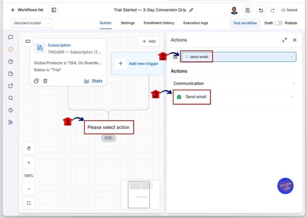 GoHighLevel Trial Email Sequence - Search for and Add the Send Email Action Element