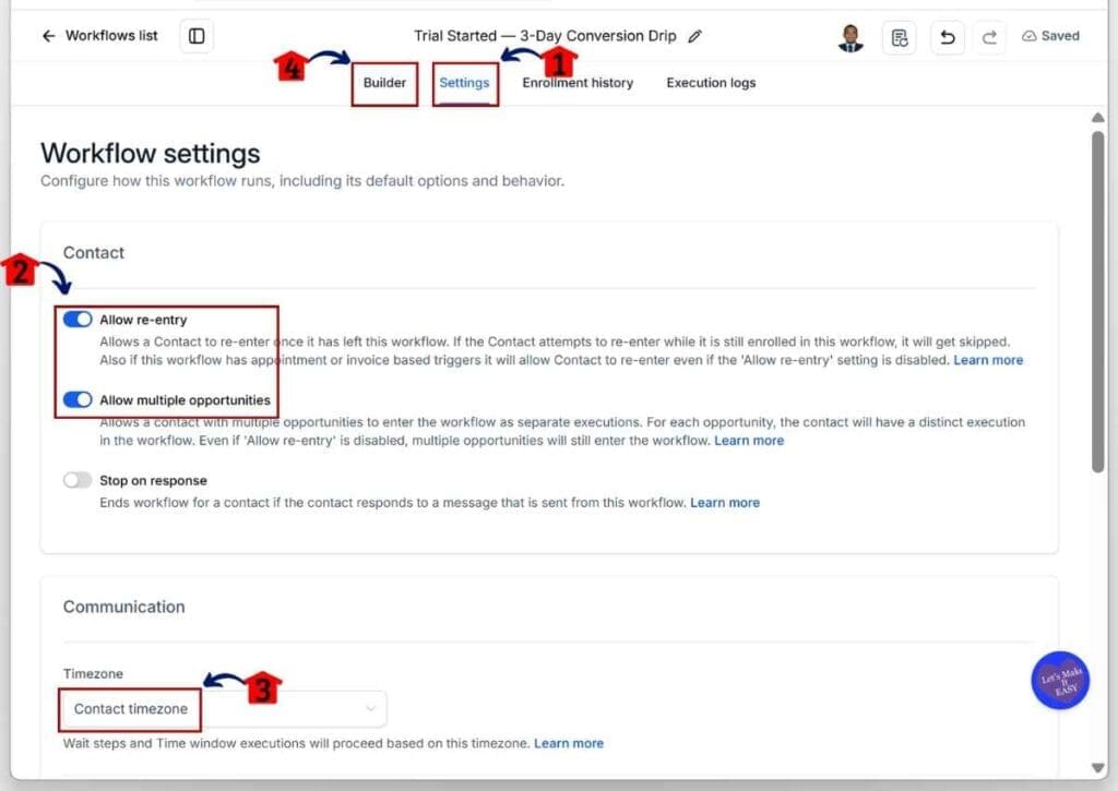 GoHighLevel Trial Email Sequence - Set the Contact Timezone in Workflow Settings