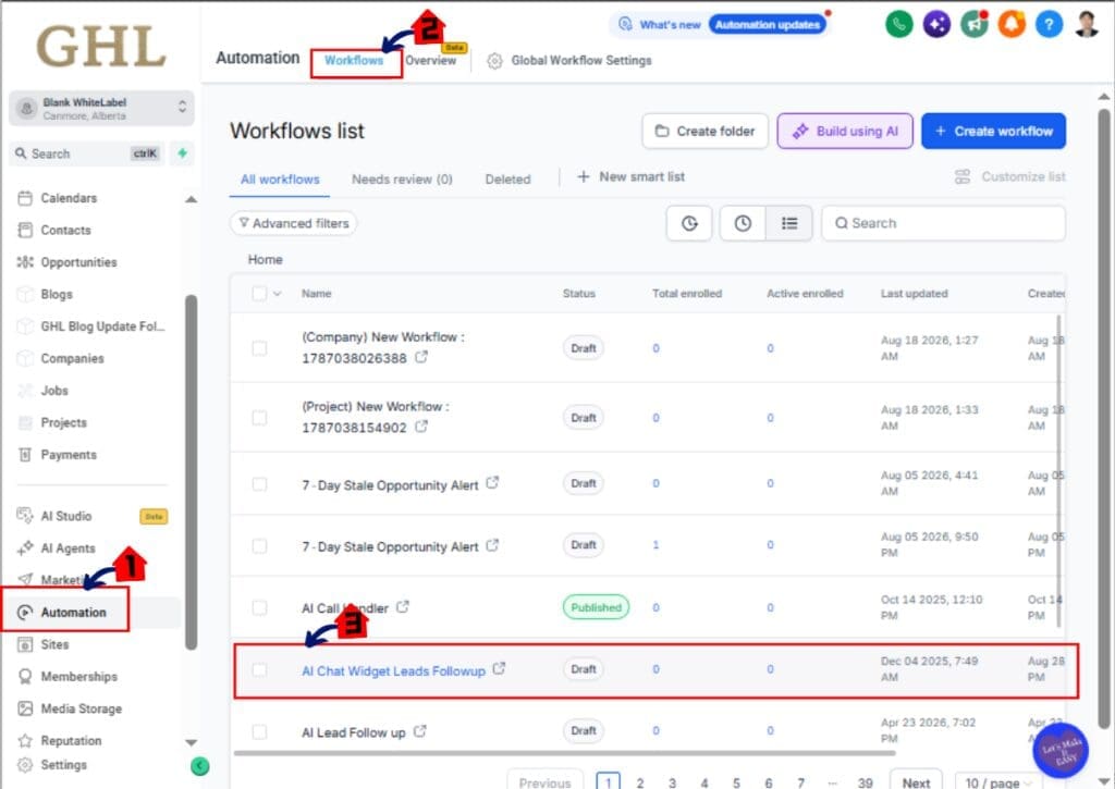 ghl-user-login-workflow GoHighLevel Automation menu and Workflows page for setting up a Client Portal Login workflow