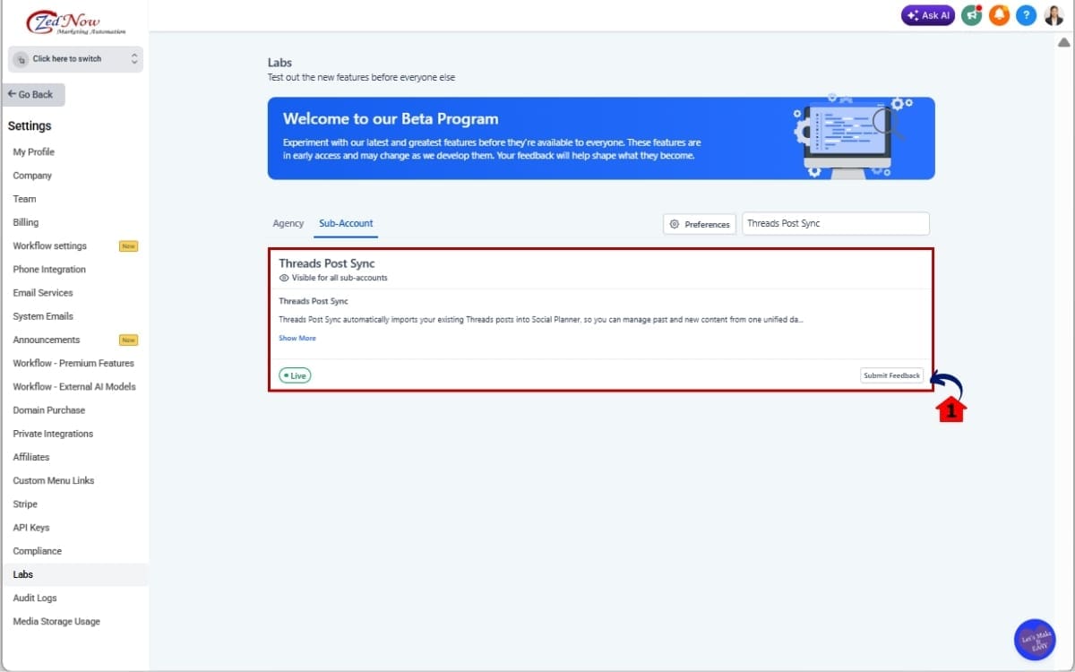 GHL Threads Post Sync - Enable Threads Post Sync in Labs