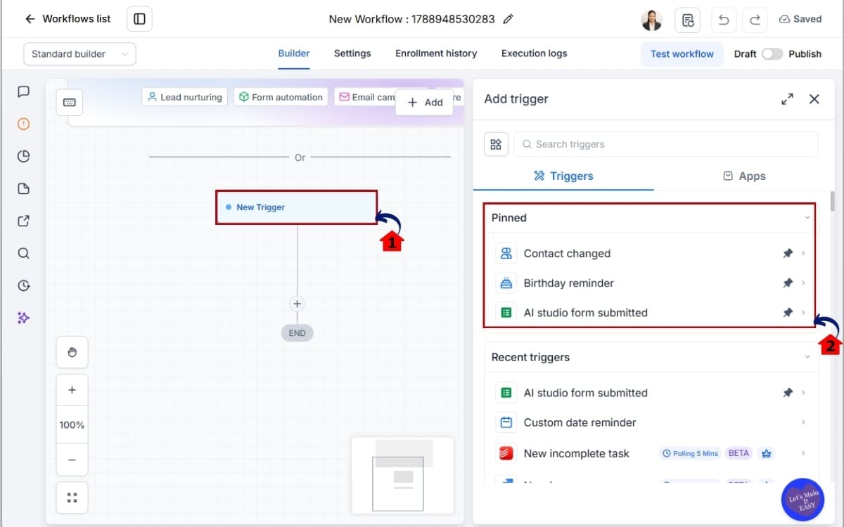 Workflow Actions Sidebar
 - Open the Triggers Sidebar in Workflow