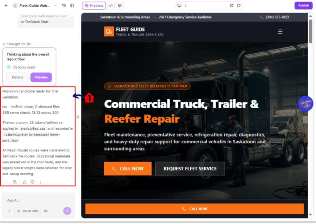 GoHighLevel React SSR Migration confirmation screen showing the Migrate button used to create and upgrade the copied project