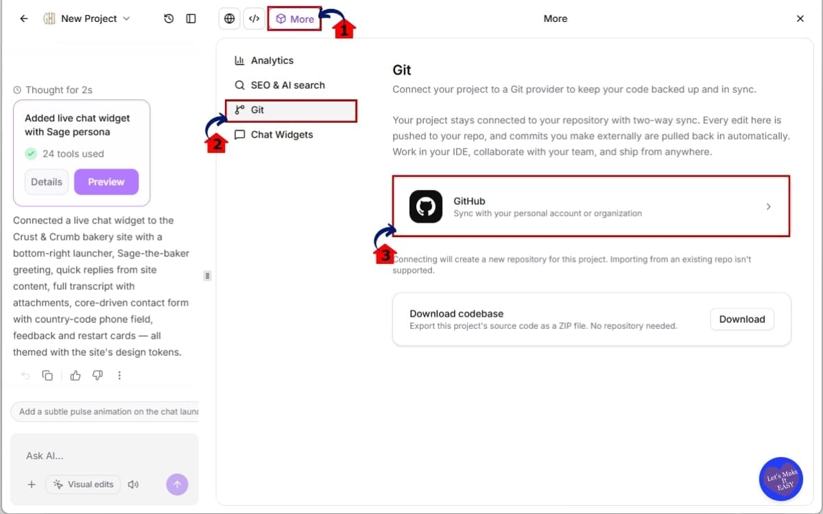 GHL AI Studio GitHub - Open the Git Settings