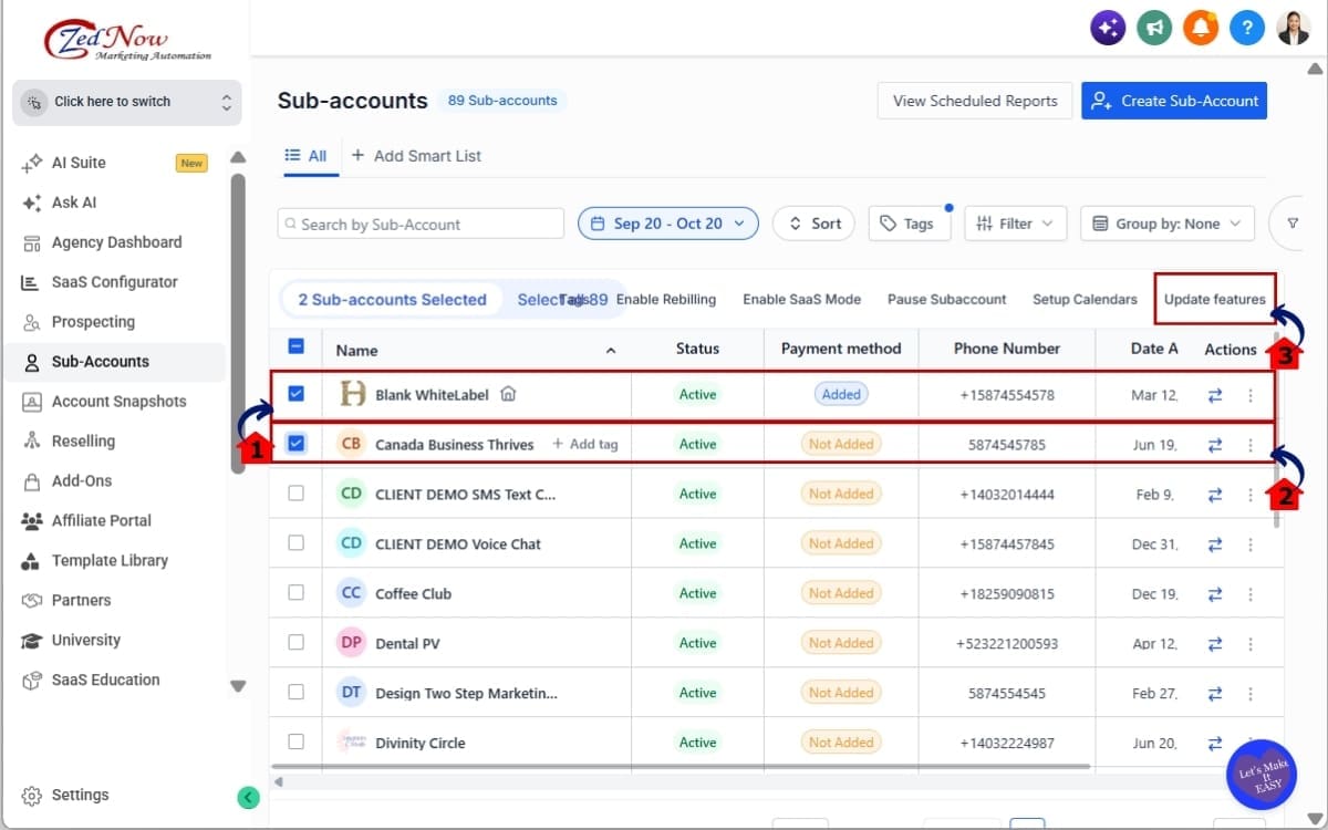 Bulk Feature Access
 - Select the Sub-Accounts You Want to Update