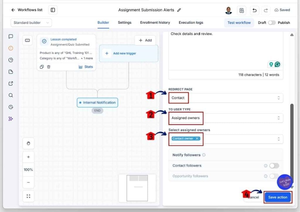 GoHighLevel Assignment Submission Notifications - Set the Redirect Page and Team Assignee.