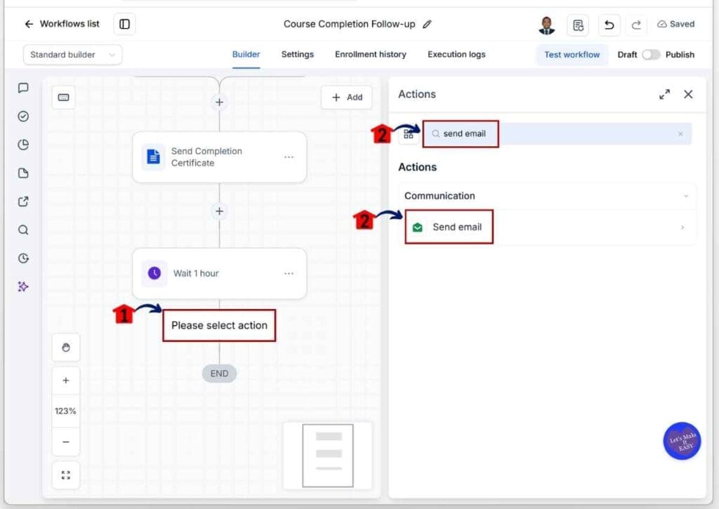 Course Completion Certificate - Find and Add the Send Email Action