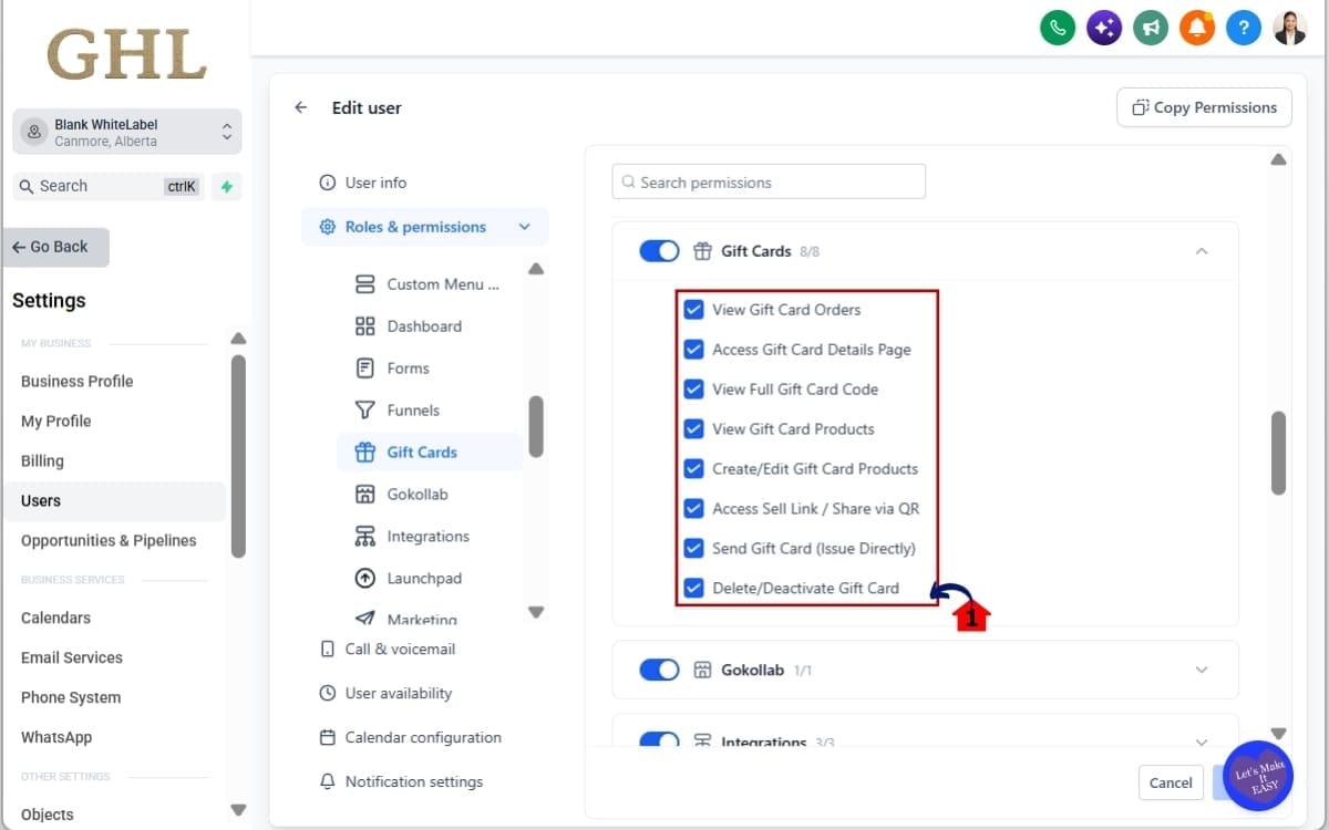 GHL Gift Card Permissions
- Turn on Gift Card Permissions user needs