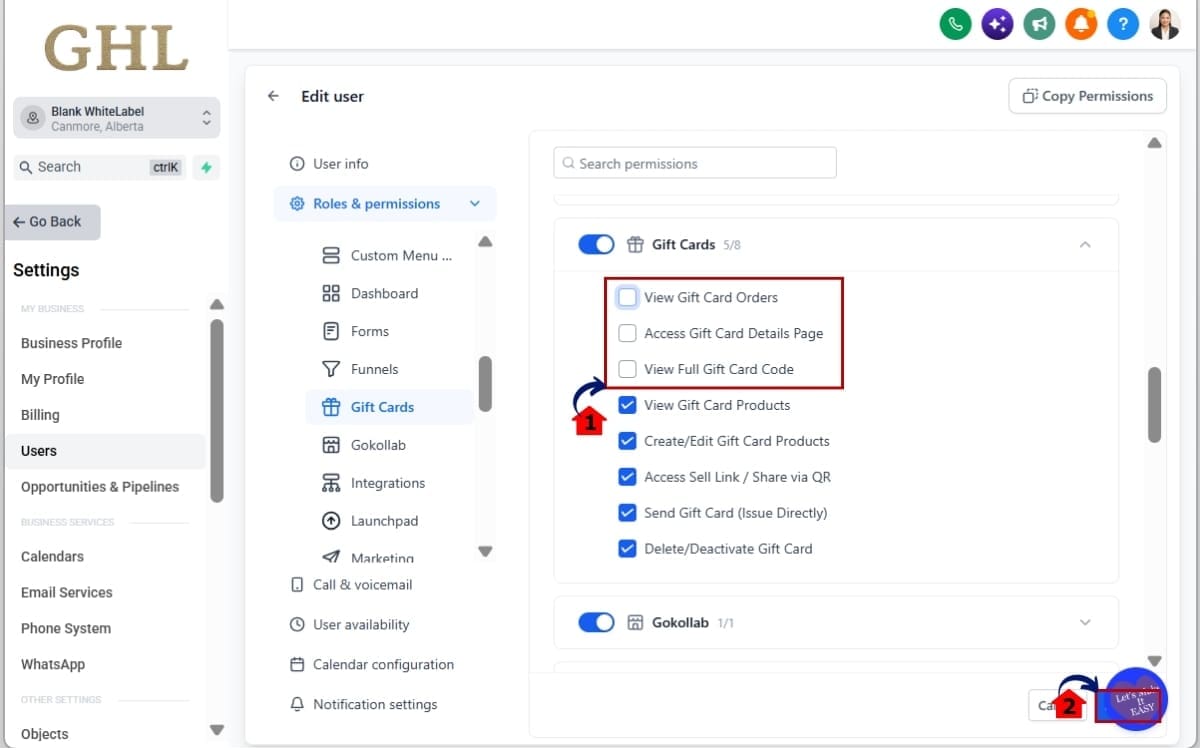GoHighLevel Gift Card Permissions
- Configure Assigned Data Access
