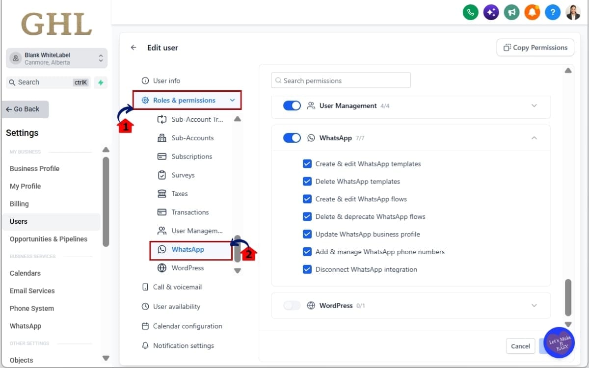 WhatsApp User Permissions
- Open Roles & Permissions